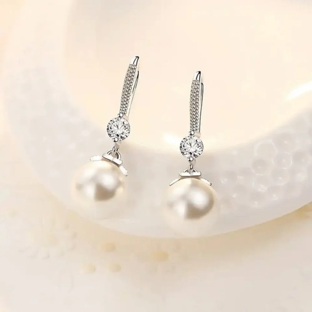 925 Sterling silver Pretty crystal pearl earrings for women fashion designer